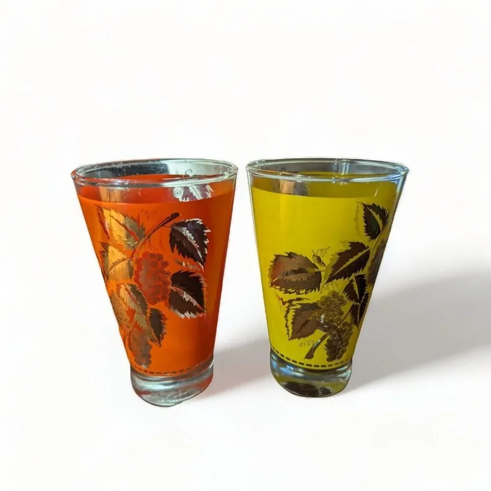 Vintage 2 MCM Frosted Orange and Yellow Glasses Gold Leaves Grapes